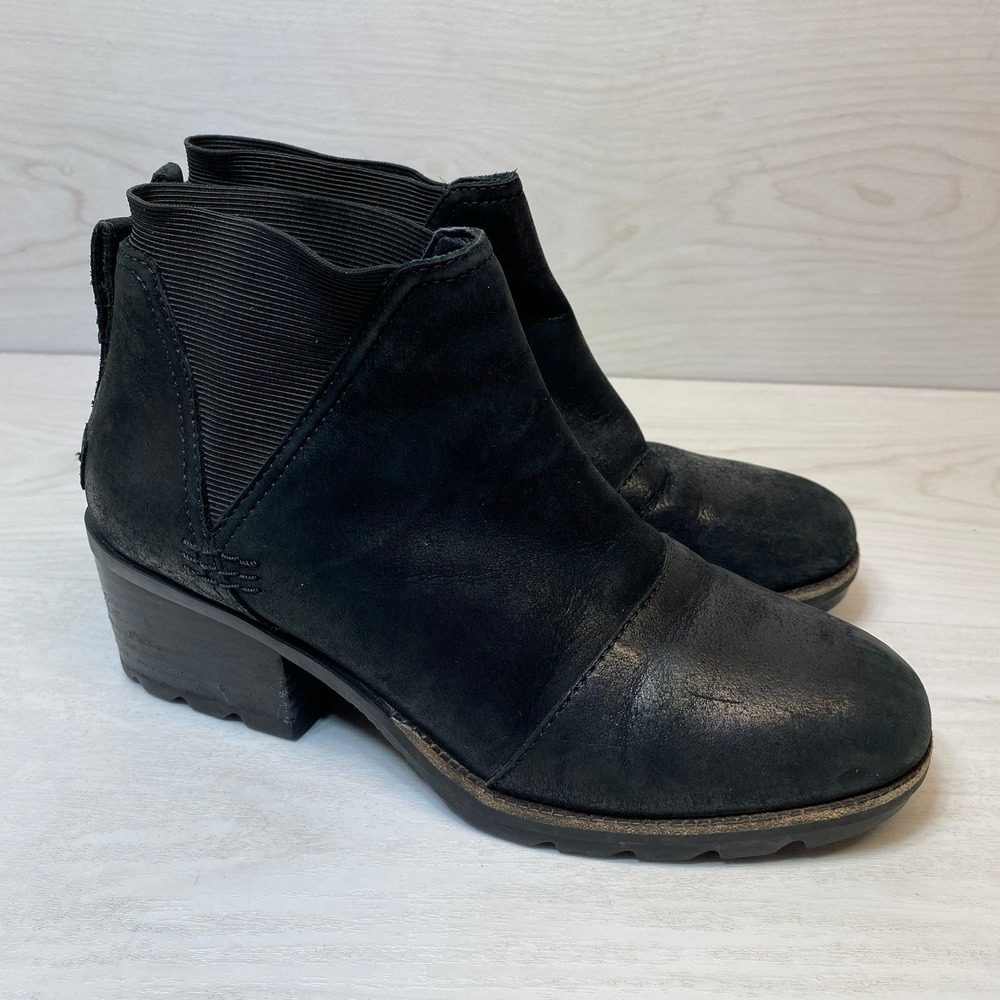 Sorel Womens 7 Lolla II Chelsea Boot Block Heel Black Leather Waterproof NL3712